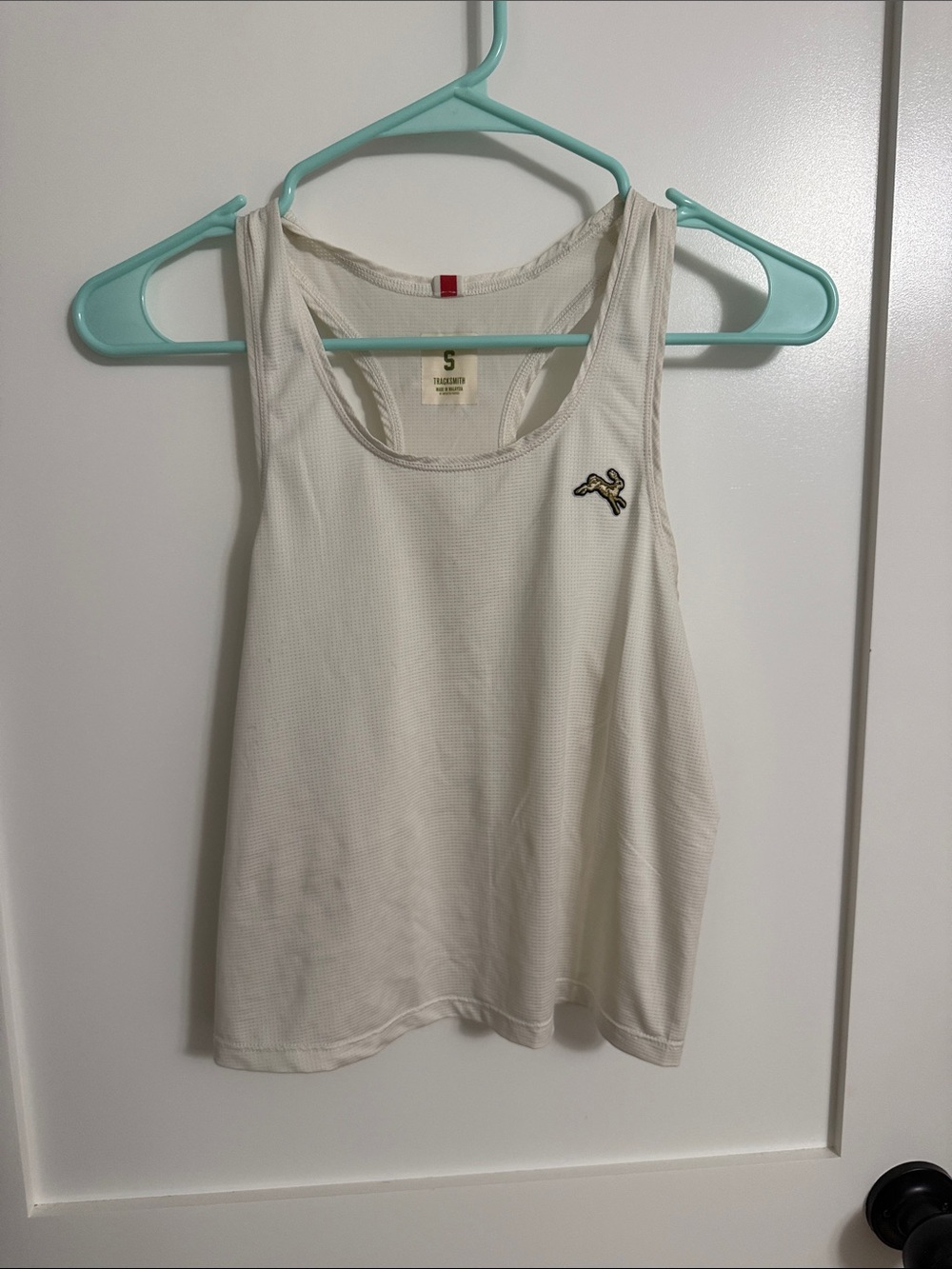 Tracksmith Cream Racerback Performance Tank with Logo Patch